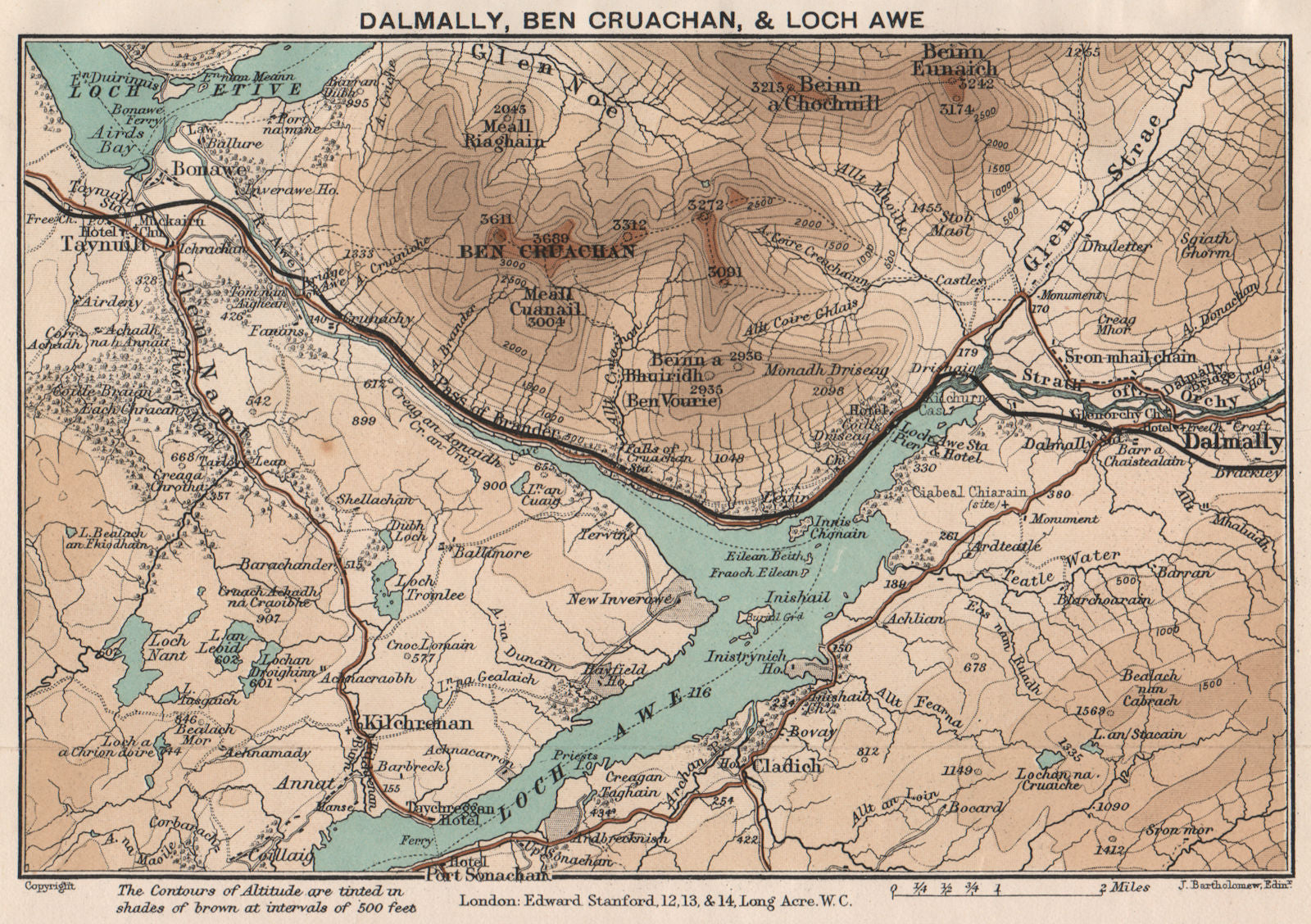DALMALLY, BEN CRUACHAN & LOCH AWE. Vintage map. Scotland. STANFORD 1905
